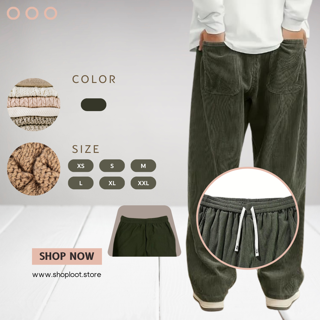 Men’s Dark Green Loose Fit Corduroy Cargo Trouser